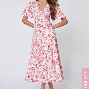 NWT Lodi Pink Floral Print V-Neck Short Sleeve Midi Dress
